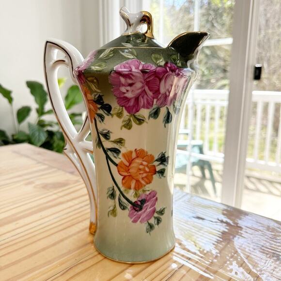 Chocolate Pot Porcelain Pitcher Floral White and Green - Picture 5 of 9